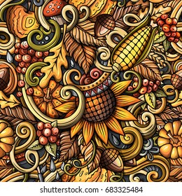 Cartoon hand-drawn doodles on the subject of Autumn theme seamless pattern. Colorful detailed, with lots of objects vector fall background