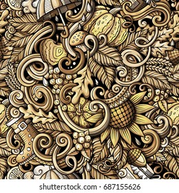 Cartoon hand-drawn doodles on the subject of Autumn theme seamless pattern. Monochrome detailed, with lots of objects vector fall background