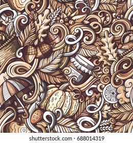 Cartoon hand-drawn doodles on the subject of Autumn theme seamless pattern. Monochrome detailed, with lots of objects vector fall background