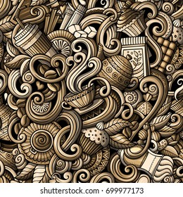 Cartoon hand-drawn doodles on the subject of cafe, coffee shop theme seamless pattern. detailed, with lots of objects vector background