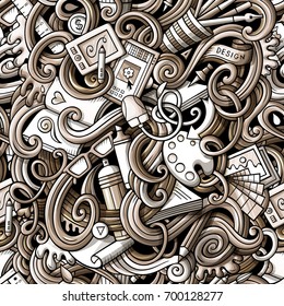 Cartoon hand-drawn doodles on the subject of Design and art theme seamless pattern. Toned detailed, with lots of objects vector background