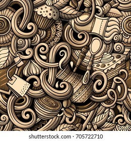 Cartoon hand-drawn doodles on the subject of cafe, coffee shop theme seamless pattern. detailed, with lots of objects vector background