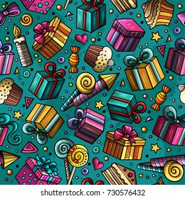 Cartoon hand-drawn doodles on the subject holidays, birthday theme seamless pattern. Colorful detailed, with lots of objects vector background
