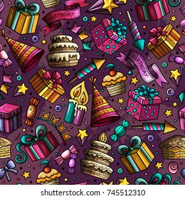 Cartoon hand-drawn doodles on the subject holidays, birthday theme seamless pattern. Colorful detailed, with lots of objects vector background