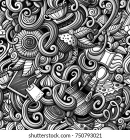 Cartoon hand-drawn doodles on the subject of cafe, coffee shop theme seamless pattern. detailed, with lots of objects vector background