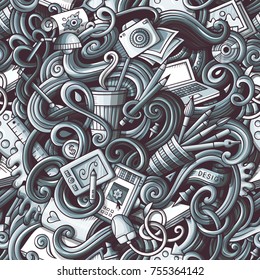 Cartoon hand-drawn doodles on the subject of cafe, coffee shop theme seamless pattern. detailed, with lots of objects vector background