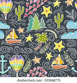 Cartoon hand-drawn doodles on a theme travel theme seamless pattern. Colorful detail, with a large number of objects vector background