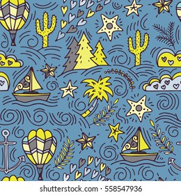 Cartoon hand-drawn doodles on a theme travel theme seamless pattern. Colorful detail, with a large number of objects vector background