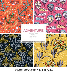 Cartoon hand-drawn doodles on a theme travel theme seamless pattern. Colorful detail, with a large number of objects vector background