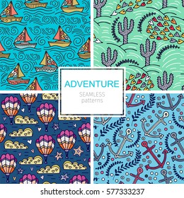 Cartoon hand-drawn doodles on a theme travel theme seamless pattern. Colorful detail, with a large number of objects vector background