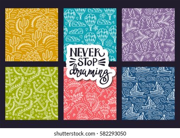 Cartoon hand-drawn doodles on a theme travel theme seamless pattern. Colorful detail, with a large number of objects vector background