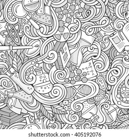 Cartoon hand-drawn doodles science seamless pattern. Line art detailed, with lots of objects vector background. Sketchy tile backdrop.