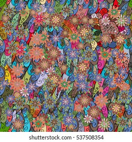 Cartoon hand-drawn doodles. Seamless pattern. Colorful detailed, with lots of objects vector background.