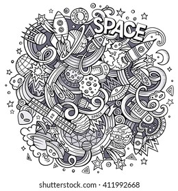 Cartoon hand-drawn doodles sketchy Space illustration. Line art space detailed sketch, with lots of objects vector background. Space doodle.