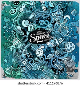 Cartoon hand-drawn doodles Space illustration. Watercolor detailed, with lots of objects vector background