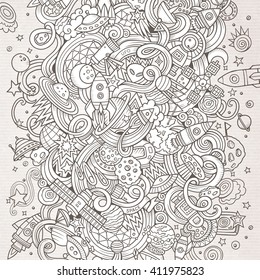Cartoon hand-drawn doodles Space illustration. Line art detailed, with lots of objects vector background