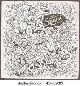 Cartoon hand-drawn doodles Space illustration. Line art detailed, with lots of objects vector background