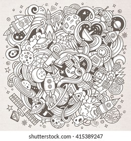 Cartoon hand-drawn doodles Space illustration. Line art detailed, with lots of objects vector background