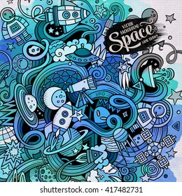 Cartoon hand-drawn doodles Space illustration. Watercolor detailed, with lots of objects vector background