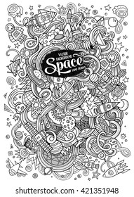 Cartoon hand-drawn doodles Space illustration. Line art detailed, with lots of objects vector background