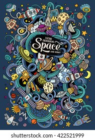 Cartoon hand-drawn doodles Space illustration. Colorful detailed, with lots of objects vector background