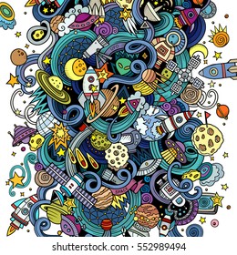 Cartoon hand-drawn doodles Space illustration. Colorful detailed, with lots of objects vector background