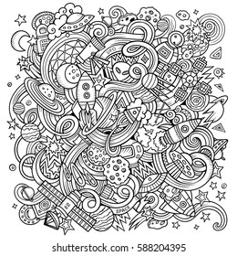 Cartoon hand-drawn doodles Space illustration. Line art detailed, with lots of objects vector background
