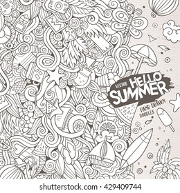Cartoon hand-drawn doodles summer illustration. Line art detailed, with lots of objects vector background