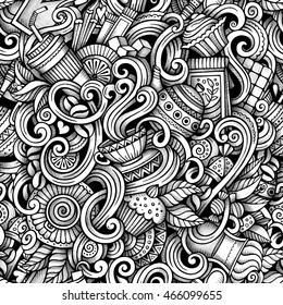 Cartoon hand-drawn doodles tea and coffee seamless pattern. Line art trace detailed, with lots of objects vector background