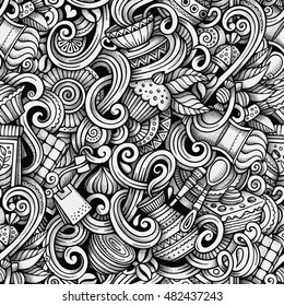 Cartoon hand-drawn doodles tea and coffee seamless pattern. Line art trace detailed, with lots of objects vector background