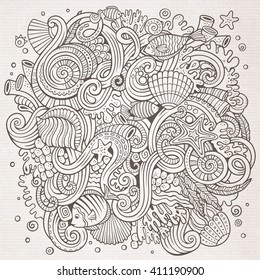Cartoon hand-drawn doodles Underwater life illustration. Line art detailed, with lots of objects vector background