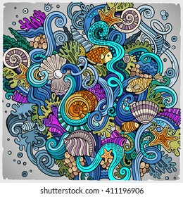 Cartoon hand-drawn doodles Underwater life illustration. Colorful detailed, with lots of objects vector background