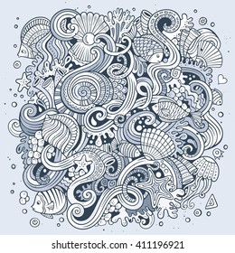 Cartoon hand-drawn doodles Underwater life illustration. Line art detailed, with lots of objects vector background
