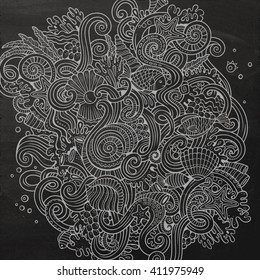 Cartoon hand-drawn doodles Underwater life illustration. Chalkboard detailed, with lots of objects vector background