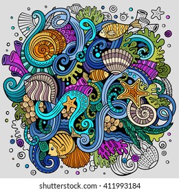 Cartoon hand-drawn doodles Underwater life illustration. Colorful detailed, with lots of objects vector background