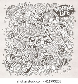 Cartoon hand-drawn doodles Underwater life illustration. Line art detailed, with lots of objects vector background