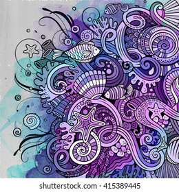 Cartoon hand-drawn doodles Underwater life illustration. Vintage watercolor detailed, with lots of objects vector background