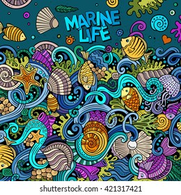 Cartoon hand-drawn doodles Underwater life illustration. Colorful detailed, with lots of objects vector background