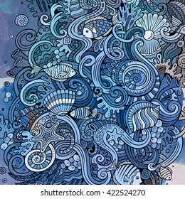 Cartoon hand-drawn doodles Underwater life illustration. Vintage watercolor detailed, with lots of objects vector background