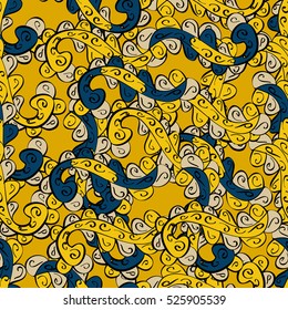 Cartoon hand-drawn doodles.Seamless pattern. Colorful detailed, with lots of objects vector background. Yellow and dark blue.