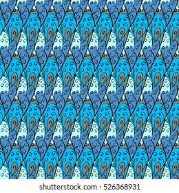 Cartoon hand-drawn doodles.Seamless pattern. Colorful detailed, with lots of objects vector background. White, blue, gray.