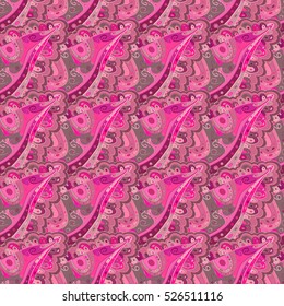 Cartoon hand-drawn doodles.Seamless pattern. Colorful detailed, with lots of objects vector background. Dim pink.