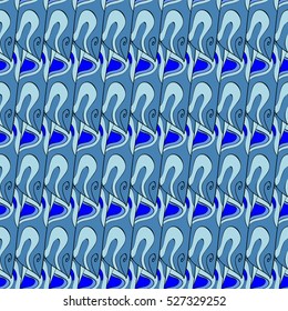 Cartoon hand-drawn doodles.Seamless pattern. Colorful detailed, with lots of objects vector background. Blue.