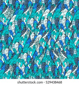 Cartoon hand-drawn doodles.Seamless pattern. Colorful detailed, with lots of objects vector background. Blue, white.