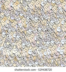Cartoon hand-drawn doodles.Seamless pattern. Colorful detailed, with lots of objects vector background. Beige, light, brown.