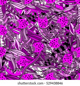 Cartoon hand-drawn doodles.Seamless pattern. Colorful detailed, with lots of objects vector background. Pink.