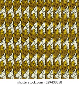 Cartoon hand-drawn doodles.Seamless pattern. Colorful detailed, with lots of objects vector background. Tellow, white.