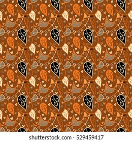 Cartoon hand-drawn doodles.Seamless pattern. Colorful detailed, with lots of objects vector background. Brown, beige, leaves.