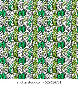 Cartoon hand-drawn doodles.Seamless pattern. Colorful detailed, with lots of objects vector background. White, green.