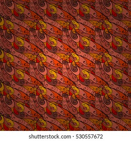 Cartoon hand-drawn doodles.Seamless pattern. Colorful detailed, with lots of objects vector background. Yellow, red, orange.
